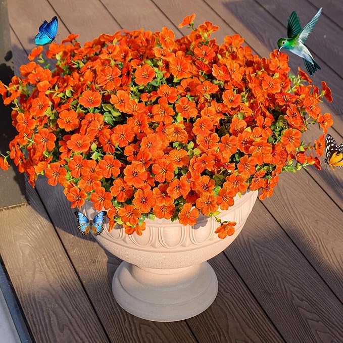 Fake Mums Faux Flowers for Outdoor Planters 16 Bundles UV Resistant Artificial Eucalyptus Plants Outside Fall Yard Decoration Realistic Silk Daisy Patio Front Porch Garden Pots Decor-Orange Red