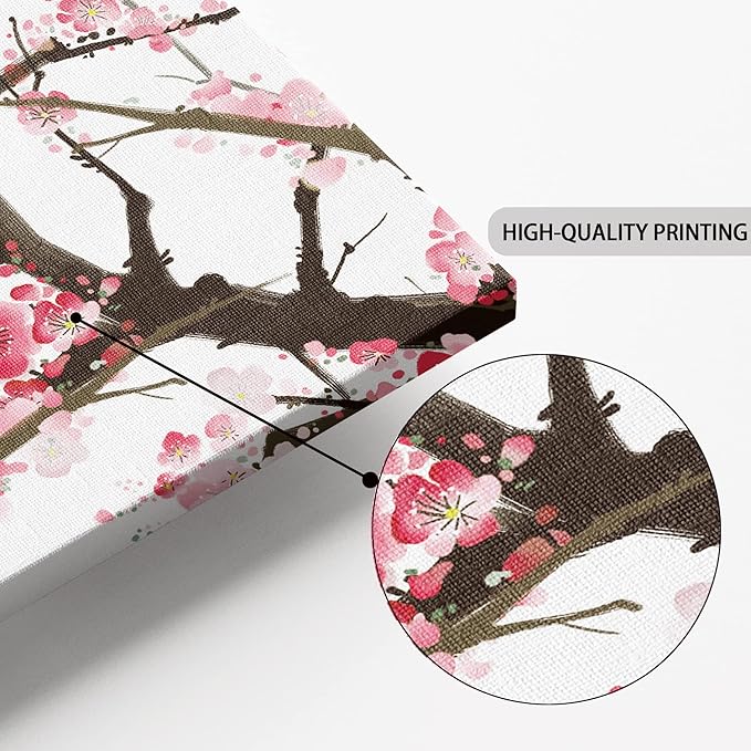 NAN Wind 3PCS Chinese Cherry Blossom Canvas Wall Art Pink Plum Flowers with Blue Birds Wall Decor Asian Oriental Style Artwork Spring Nature Home Decor Living Room Bedroom Decoration Ready to Hang