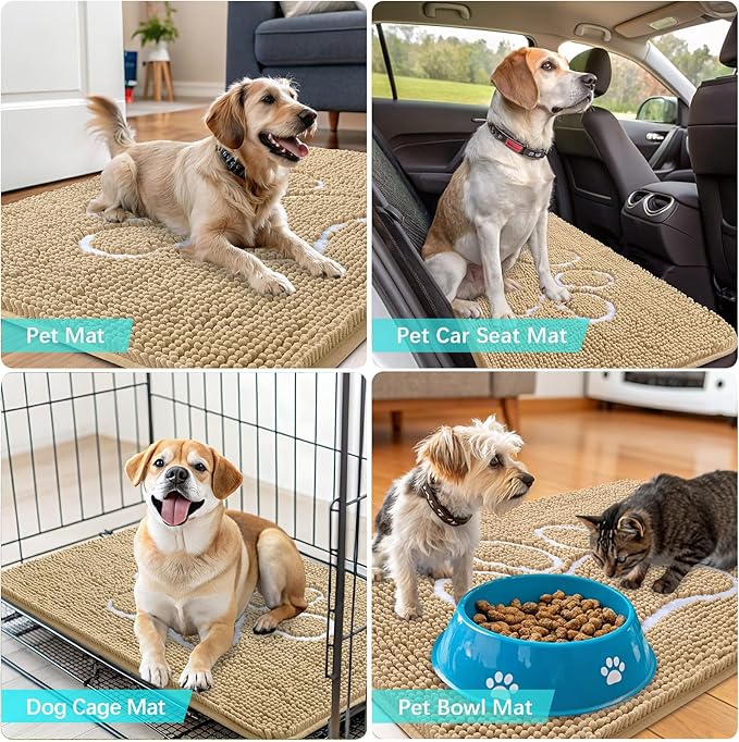 OLANLY Dog Door Mat for Muddy Paws 48x30, Paw Print Design, Absorbs Moisture and Dirt, Absorbent Non-Slip Washable Doormat, Quick Dry Chenille Mud Mat for Dogs, Entry Indoor Entryway Carpet, Beige