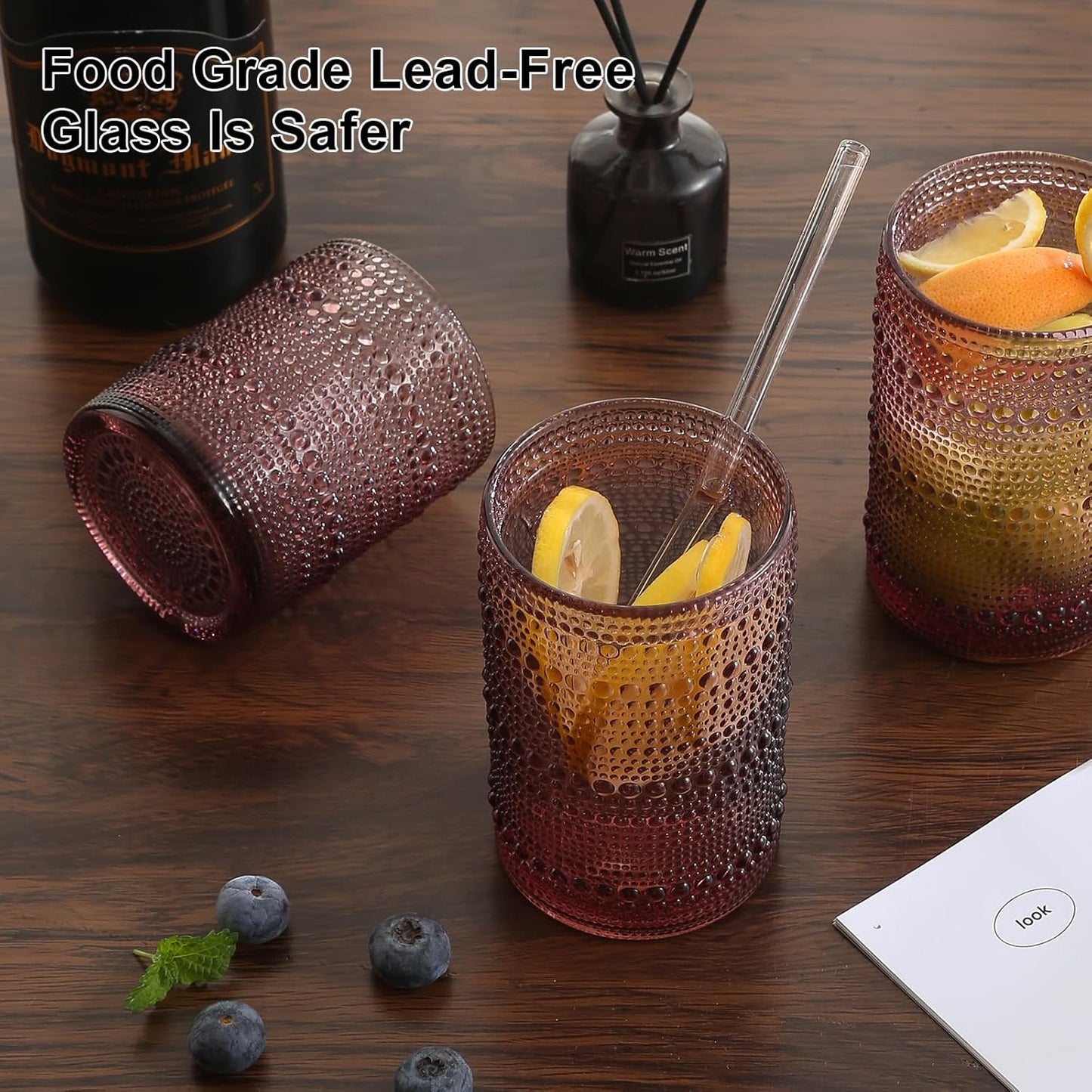 Vintage Hobnail Drinking Glasses Set of 8,Purple 12 oz & 15oz Highball Glass Cups, Kitchen Drinkware Glassware,Embossed Water Tumbler,for Beer,Cocktail,Whiskey,Juice and Various Mixed Drinks