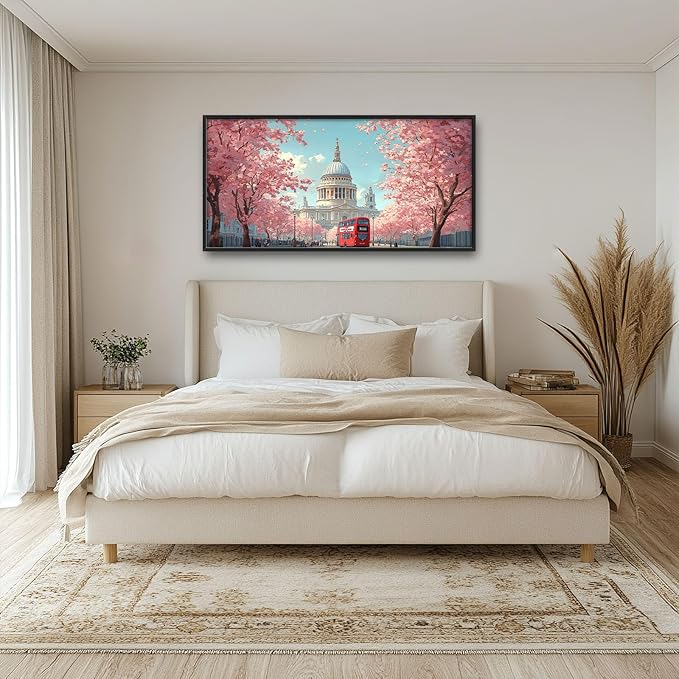 England London Paul’s Cathedral Large Wall Art Cityscape Cherry Blossom Pictures Wall Decor Street Scene Canvas Spring Print Painting Modern Artwork Home Decoration for Living Room Bathroom Bedroom Office Framed 60"x30"