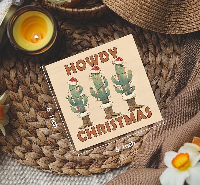 Howdy Christmas Western Cactus Cowgirl Boots Wooden Box Sign, Country Christmas Wood Signs For Home Office Desk Shelf Table Decor, Western Decorations, 6x6 Inch