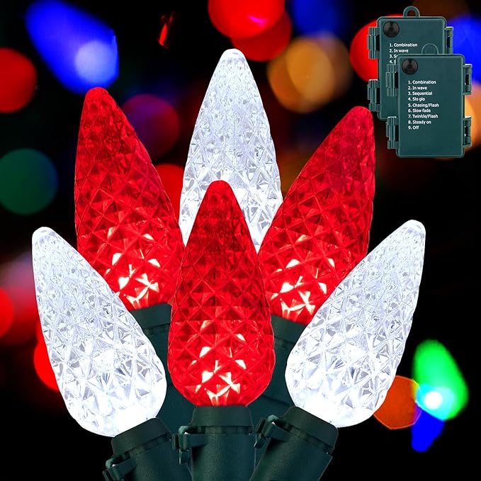 Brightown C6 LED Christmas String Lights - 2 Pack Each 20ft 60LED Battery Operated Strawberry String Lights with Timer and 8 Light Modes for Christmas Trees Wreaths, Indoor Xmas Decor, Red and White