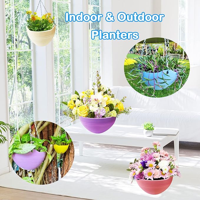 7 Pack 8 Inch Plastic Self-Watering Hanging Planters,Colorful Garden Flower Plant Pot Container,Hanging Plant Baskets with Drainer and Chain for Indoor Outdoor Use,7 Colors