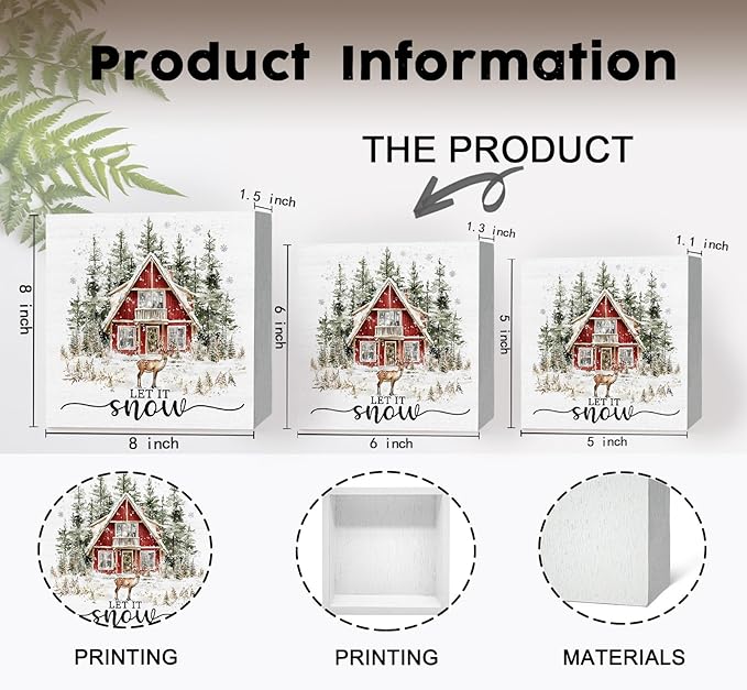 Let It Snow Sign, Winter Christmas Wooden Box Sign, Farmhouse Christmas Decorations, Farmhouse Winter Reindeer Wood Signs For Home Office Desk Table Shelf Decor, 6x6 Inch