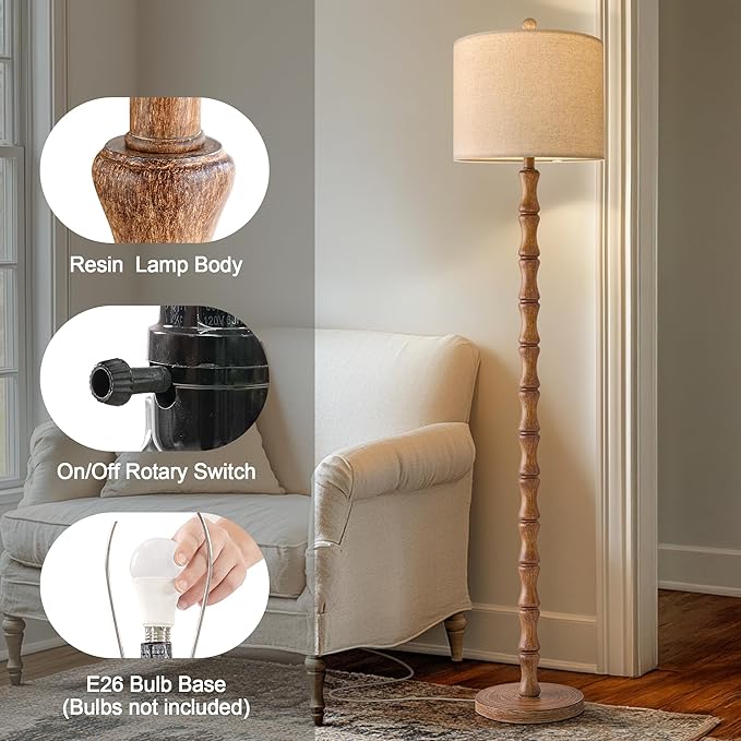 BOBOMOMO 62" Rustic Floor Lamp for Living Room, Retro Farmhouse Floor Lamp Rotary Switch, Resin Standing Lamp for Living Room, Corner, Dining Room, Bedroom, House