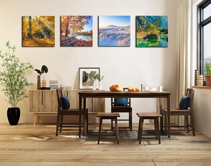 OKEXCKK Four Seasons Landscape Canvas Wall Art Decor - Spring Summer Autumn Winter Colorful Tree Painting Modern Nature Forest Prints Artwork Picture for Bathroom Office Decoration 16"x16"x4 Panels