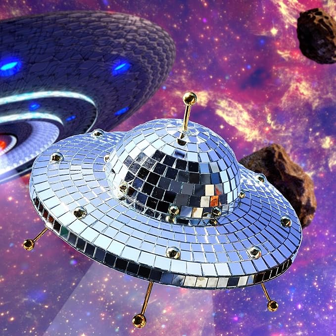 UFO Disco Ball Silver Disco Ball Decor Disco Spaceship Retro Reflective Décor Mirror Decorations for Home,Party,Garden,Handmade Gift (8 * 6inch)