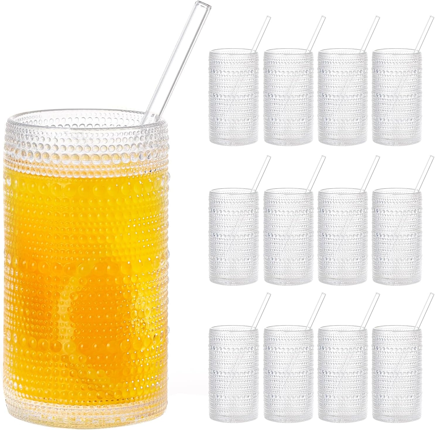 16oz Hobnail Drinking Glasses Set of 12, Vintage Large Capacity Embossed Clear Tumblers, Highball Glasses for Water, Cocktail, Beer, Whiskey, Juice & Bar Use