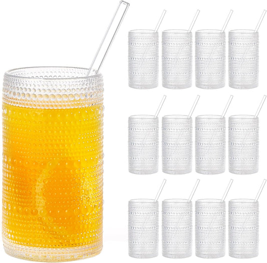 16oz Hobnail Drinking Glasses Set of 12, Vintage Large Capacity Embossed Clear Tumblers, Highball Glasses for Water, Cocktail, Beer, Whiskey, Juice & Bar Use