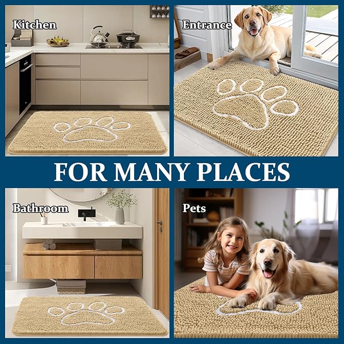 OLANLY Dog Door Mat for Muddy Paws 48x30, Paw Print Design, Absorbs Moisture and Dirt, Absorbent Non-Slip Washable Doormat, Quick Dry Chenille Mud Mat for Dogs, Entry Indoor Entryway Carpet, Beige