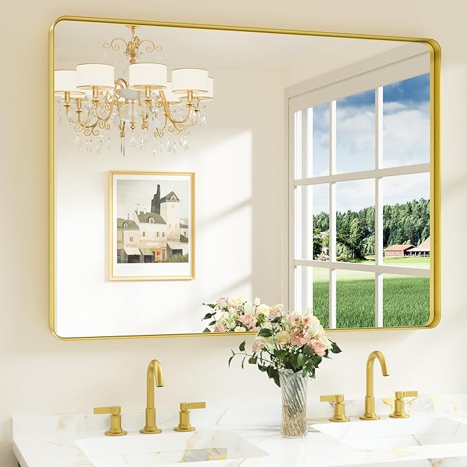 Keonjinn Gold Bathroom Vanity Mirror 48 x 36 Inch Large Rounded Rectangle Vanity Mirror, Brushed Brass Wall Mirror with HD Tempered Glass, Modern Decorative Gold Framed Mirror(Horizontal/Vertical)
