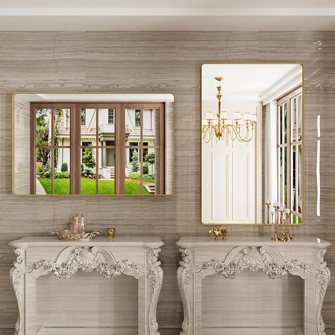 Gold Bathroom Mirror, 48x30 Inch Brushed Gold Metal Frame Mirror for Wall, Rounded Rectangle Bathroom Vanity Mirror, Tempered Glass, Anti-Rust, Horizontal/Vertical