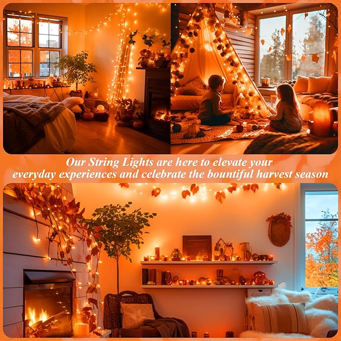 JMEXSUSS 66ft 200 LED Thanksgiving Lights Outdoor, Orange String Lights Indoor Clear Wire, 8 Modes Orange Christmas Lights Plug in for Fall Autumn Harvest Tree Garden Patio Thanksgiving Decorations