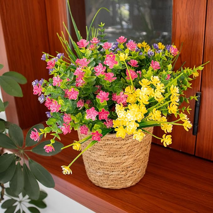 12 Bundles Fake Flowers, Artificial Flowers for Outdoors UV-Resistant No Fade Fake Plants for Planters Porch Home Garden Porch Patio Decoration Outdoor Indoor – Fall & Summer Decor