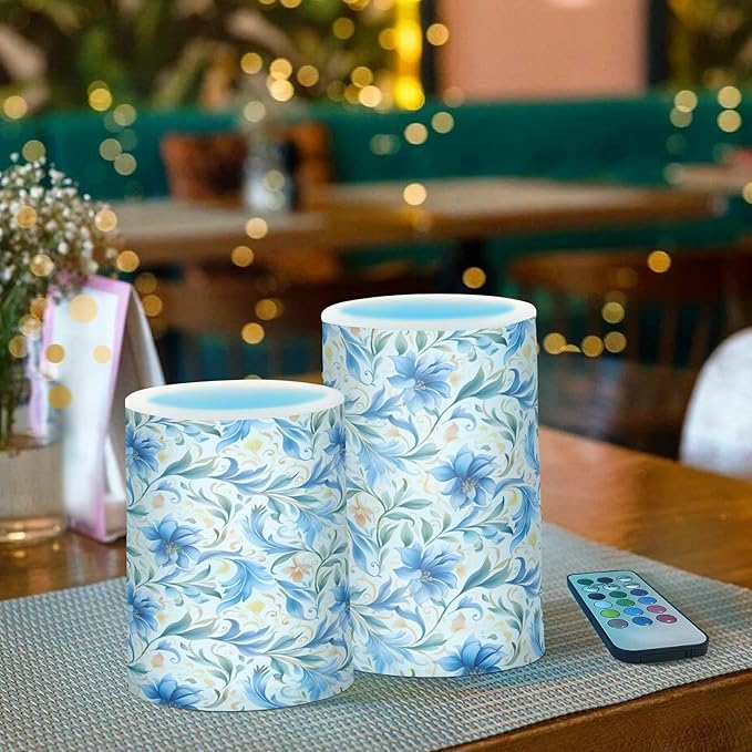 ALAZA Flowers Floral Blue Flickering Flameless Candles Battery Operated with Remote Timer,Tea Light Candles LED Pillar Votive Candles Set of 2 for Outdoor Indoor Decorations