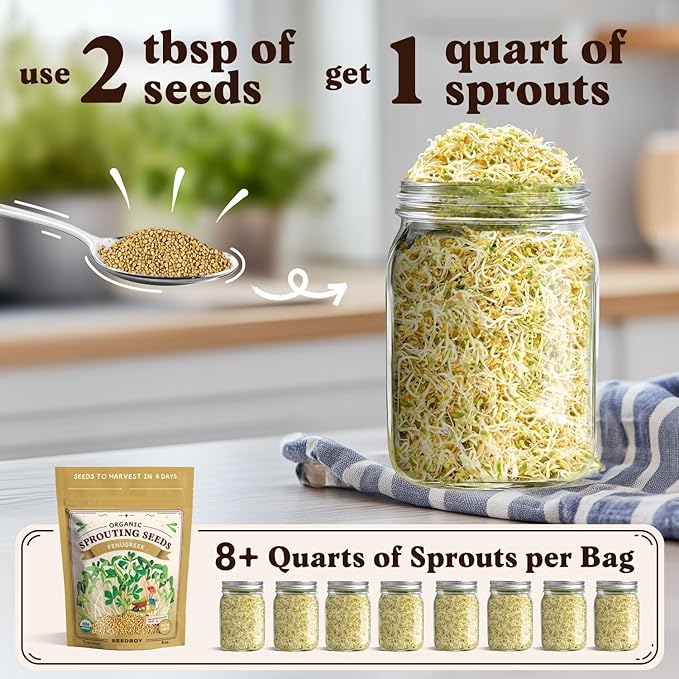 Organic Fenugreek Seeds for Sprouting - Non-GMO, USA Grown Fenugreek Microgreens Sprouting Seeds Mix - Makes 8 Quarts of Sprouts, 24 Servings (8 oz) (Fenugreek)