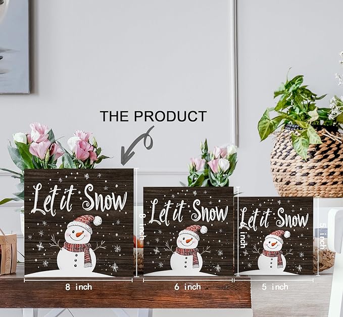 Let It Snow Sign, Christmas Snowman Snowflake Wooden Box Sign, Snowman Christmas Decorations, Winter Wood Signs for Home Office Desk Table Shelf Decor, 8x8 Inch