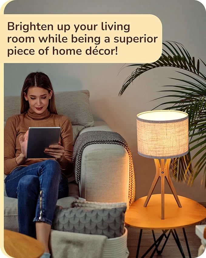 EDISHINE Tripod Table Lamp, 17.5" Modern Bedside Lamp with Natural Wood-Colored Lamp Legs & Beige Linen Lampshade, Boho Nightstand Lamp for Bedroom, Living Room, Reading Room, E26 Base