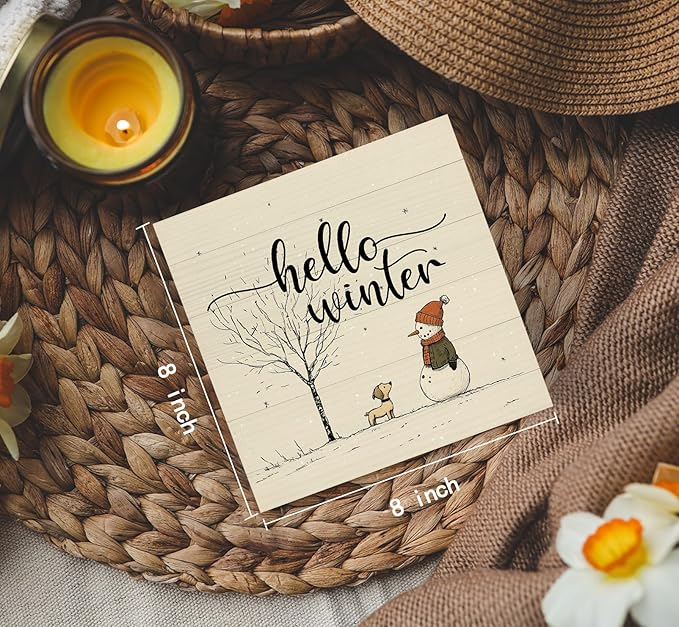 Hello Winter Sign, Christmas Snowman Snowflake Wooden Box Sign, Snowman Christma Decorations, Winter Christma Wood Signs for Home Office Desk Table Shelf Decor, 8x8 Inch