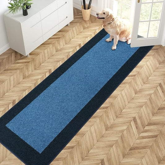 PURRUGS Dirt Trapping Door Mat 24" x 84", Non-Slip/Skid Machine Washable Entryway Rug, Shoes Scraper, Throw Rug, Super Absorbent Area Rug for Muddy Wet Shoes and Paws, Light Blue & Navy
