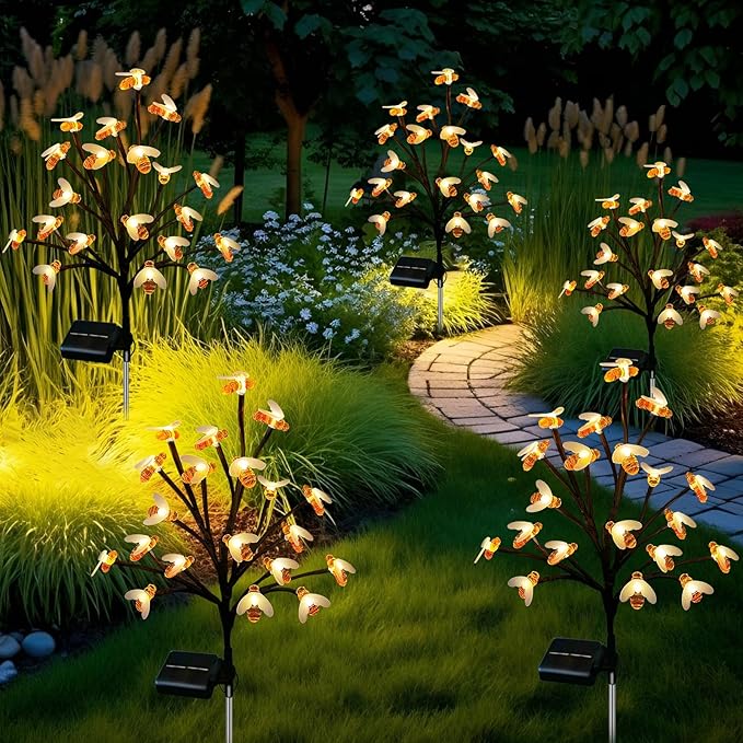 Solar Garden Lights Outside - 4 Pack 80 LED Solar Bee Lights Outdoor Waterproof with 8 Modes Landscape Decoration for Garden Patio Yard Walkway Grass Spring Decor (Warm White)