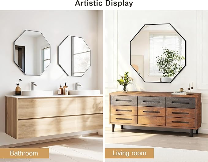 31" Wall Mounted Octagon Mirror, Bathroom Mirrors for Over Sink, Glassless Adhesive Decorative Mirror for Bathroom Entryway Vanity Living Room Dining Room Bedroom, Black