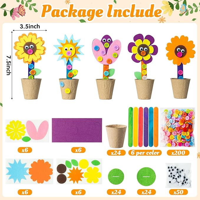 WATINC Mother's Day Spring Felt Flower Craft Kits - Make Your Standing Flowers Gift Crafts with Buttons Flower Pot Decor, DIY Flowers Decorations Home School Fun Activities for Mom Kids (16Pcs)
