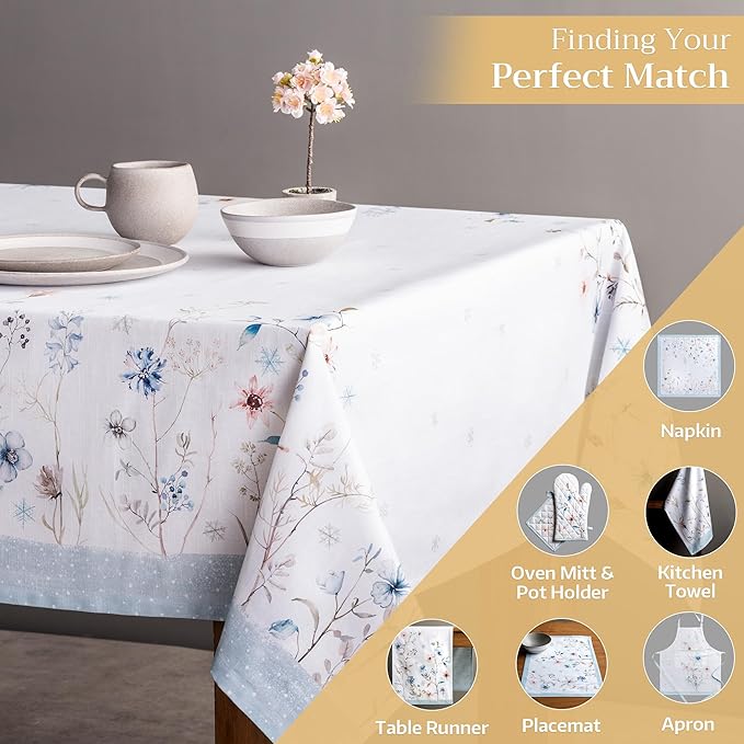 Maison d' Hermine Table Cloth Rectangle Table 100% Cotton 60 x 108 Inches Fall Tablecloth Reusable Everyday Use for Thanksgiving Christmas Decorations Dining Farmhouse Party (Ice Florals)