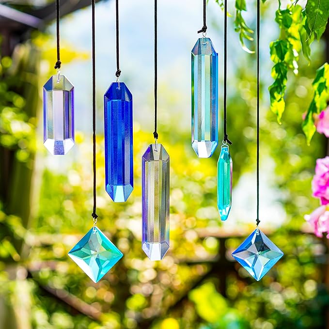 HDCRYSTALGIFTS Crystal Prisms Sun Catchers, 7PCS Blue Dreams Suncatcher Hanging Kit Rainbow Maker Pendant Ornaments for Indoor Window Outdoor Garden Christmas Tree Decor
