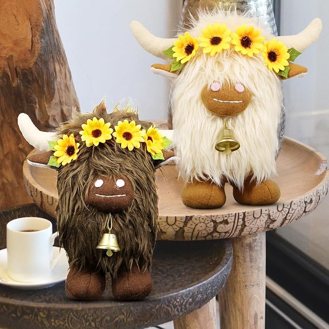 Lovinland Highland Cow Decor - Spring Scottish Cow Plush Gnomes Decorations for Home - Stuffed Animal Plush Gnomes Doll