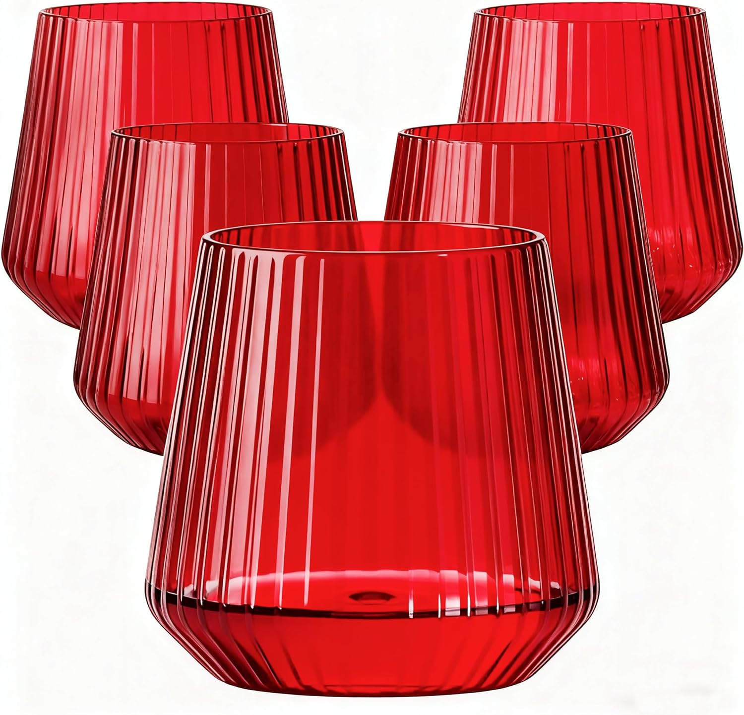 40 Pack Plastic Ribbed Wine Glasses, 14Oz Origami Disposable Wine Glasses Unbreakable Clear Plastic Cocktail Glasses Recyclable Shatterproof Reusable Wine Cups (14oz-red-40pack)