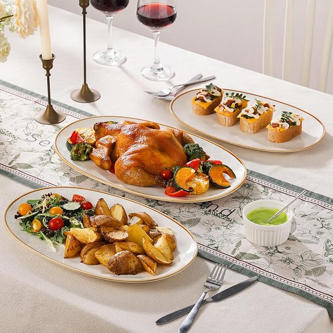 Ceramic Oval Serving Platter with Brown Rim: 15.6/14.3/12.9 Inch Large Serving Dishes for Entertaining Party, Turkey, Steak, Ham, Microwave Dishwasher Safe