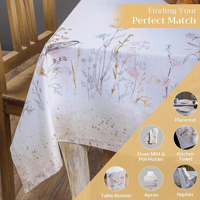 Maison d' Hermine Table Cloth Rectangle Table 100% Cotton 60 x 90 Inches Tablecloth Reusable for Dining Room, Farmhouse, Home, Party, Festive & Wedding Spring Summer - Meadow Florals - Beige