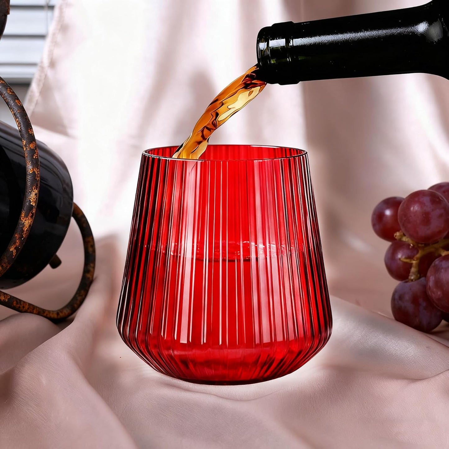 40 Pack Plastic Ribbed Wine Glasses, 14Oz Origami Disposable Wine Glasses Unbreakable Clear Plastic Cocktail Glasses Recyclable Shatterproof Reusable Wine Cups (14oz-red-40pack)