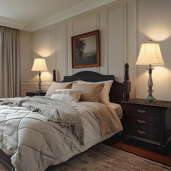 AIDENOEY 28.5" Traditional Table Lamp Set of 2, Rustic Farmhouse Table Lamps for Living Room Bedroom, Bedside Desk Lamps Vintage Nightstand Lamps with Silk Fabric Shades, Antique Silver Table Lamp