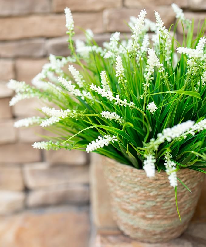 Artificial Fake Outdoor Plants Flowers for Summer Decoration,10 Bundles Faux Plastic Tall Monkey Grass Greenery UV Resistant Realistic for Home Outside Planter Window Porch Patio Garden-White