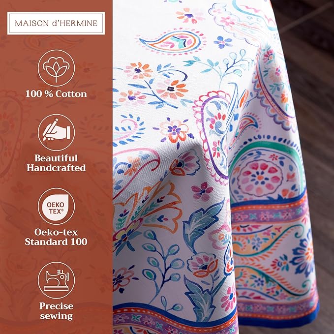 Maison d' Hermine Table Cloth Round Table 100% Cotton 63 Inches Tablecloth Reusable Decorative Everyday Use for Dining Room, Farmhouse, Home, Party, Festive & Wedding Spring Summer - Indian Floral