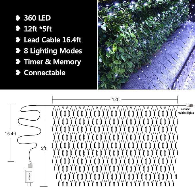 LYHOPE 12ft x 5ft 360 LED Christmas Net Lights, 8 Modes Low Voltage Green Wire Mesh Christmas Decorations Lights for Xmas Trees, Bushes, Wedding, Garden, Outdoor, Indoor Decor (Clear White)