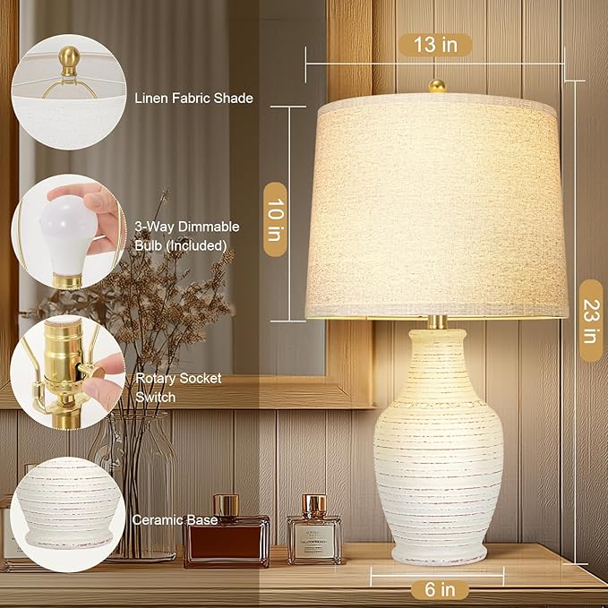 Scenekoy 23" Ceramic Table Lamps Set of 2 with 3-Way Dimmable Bulb,Rotary Switch,Lamps for Living Room,Bedside Lamp with Linen Shade,Nightstand Lamps of 2 for Living Room Bedroom(Bulb Included)