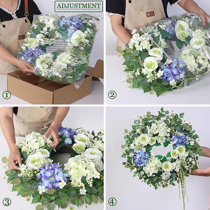26" Hydrangea & Eucalyptus Wreath for Front Door, Porch, Window - Large Artificial Silk Flowers Outdoor Wreath for Home, Farmhouse, Wedding Decor - Spring, Summer, All Seasons (White&Purple)