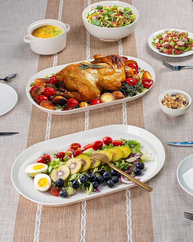 16" Large Serving Platter - Oval Large Serving Tray, Ceramic Turkey Platters, White Platters for Serving Food, Appetizers, Entertaining, Party, Set of 2