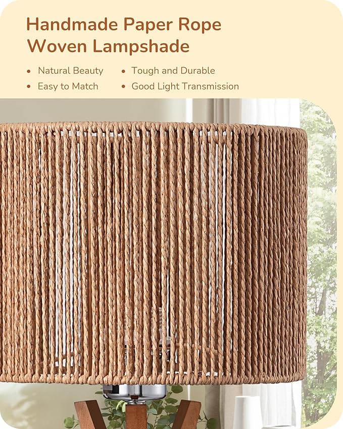 EDISHINE 17.5" Rattan Table Lamp, Wood Bedside Lamp with Handmade Paper Rope Woven Lampshade, Nightstand Lamp for Living Room, Bedroom, E26 Base, ON-Off Switch