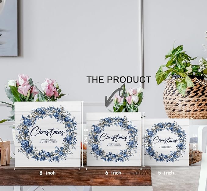 Have Yourself a Merry Little Christmas Sign, Blue Christmas Wreath Wooden Box Sign, Christma Wreath Decorations, Christma Wood Signs for Home Office Desk Shelf Table Decor, 6x6 Inch