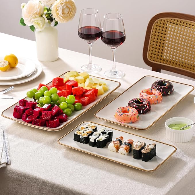 Ceramic Rectangle Serving Platter with Brown Rim: 15.6/14.1/12.6 Inch Large Serving Dishes for Entertaining Party, Turkey, Cheese, Sushi, Snack and Dessert, Microwave Dishwasher Safe