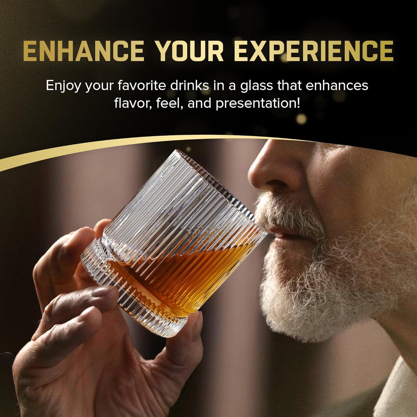 Ribbed Whiskey Glasses Set of 8, 12 Oz Lead-Free Crystal Heavy Base Barware Glass, Perfect for Bourbon Rocks Cocktail Scotch Drinking