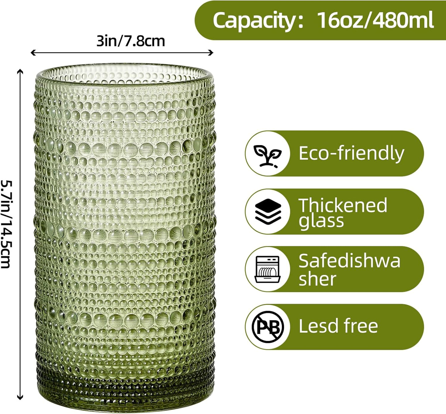 16oz Hobnail Drinking Glasses Set of 12, Vintage Large Capacity Embossed Green Tumblers, Highball Glasses for Water, Cocktail, Beer, Whiskey, Juice & Bar Use