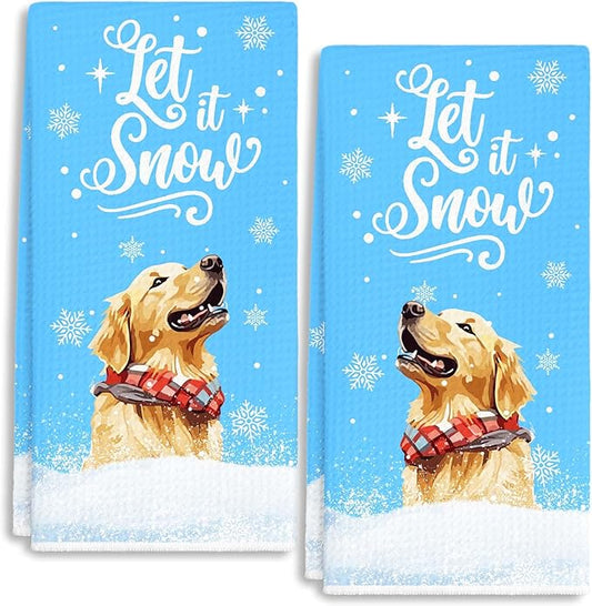 Winter Wonderland Golden Retriever Snowflake Towels Dish Towels Dishcloth, Blue Winter Christmas Holiday Decor for Kitchen Bathroom Home, 16 x 24 Farmhouse Decoration Hand Towels Set of 2. 064