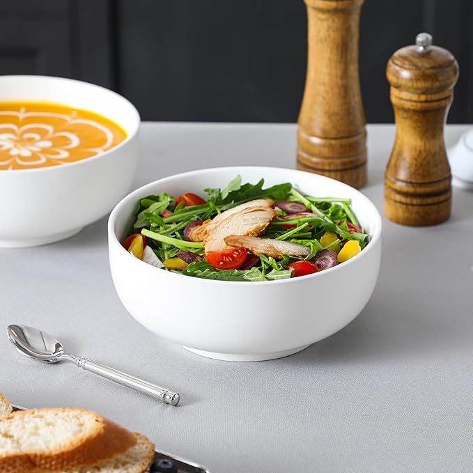 MALACASA Salad Bowls Set, 44 OZ (7") Large Soup Bowls Cereal Bowl for Kitchen, White Ceramic Bowls Set of 2, Dishwasher & Microwave Safe,Series REGULAR
