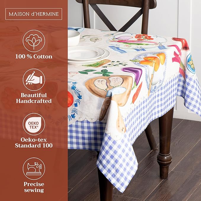 Maison d' Hermine Table Cloth Rectangle Table 100% Cotton 70 x 90 Inches Tablecloth Reusable Decorative Everyday Use for Dining Room, Farmhouse, Home, Party, Festive & Wedding Spring Summer - Gourmand